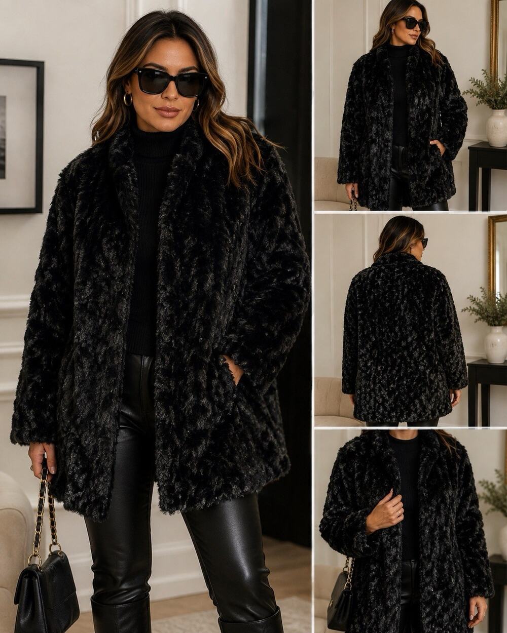 Dennis Basso Black Textured Faux Fur Coat Jacket Size 1X Plush Shaggy